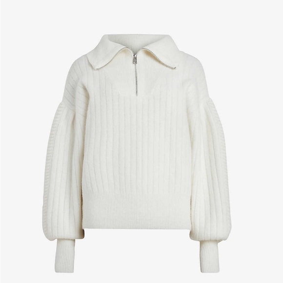 AllSaints Viola Zip Collar Wool Ribbed Puff Sleeve Sweater - Picture 1 of 9